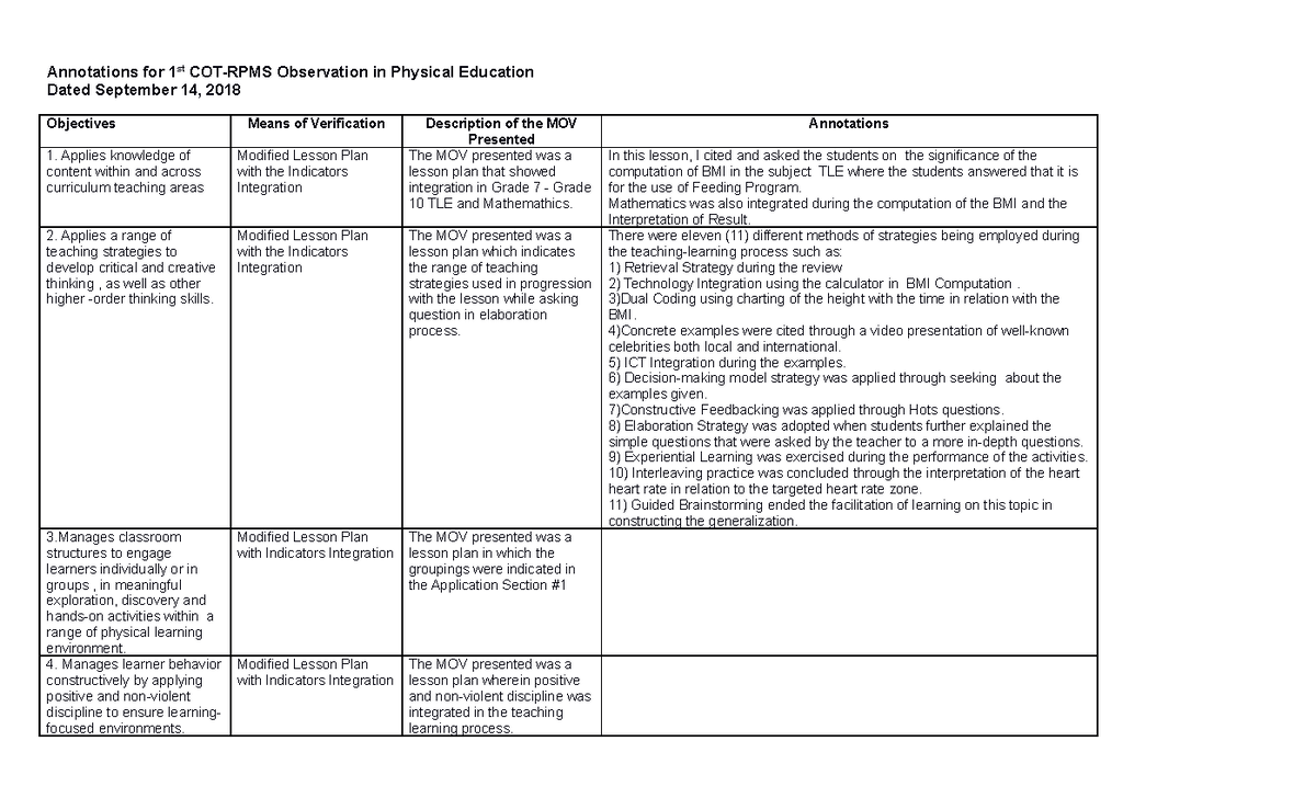 Annotation Sample for Classroom Observat - Annotations for 1st COT-RPMS ...