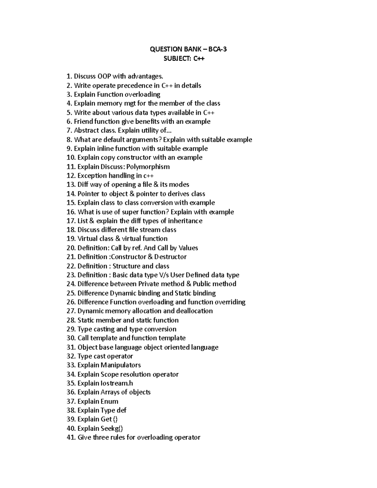 Question BANK - notes - QUESTION BANK – BCA- SUBJECT: C++ Discuss OOP ...
