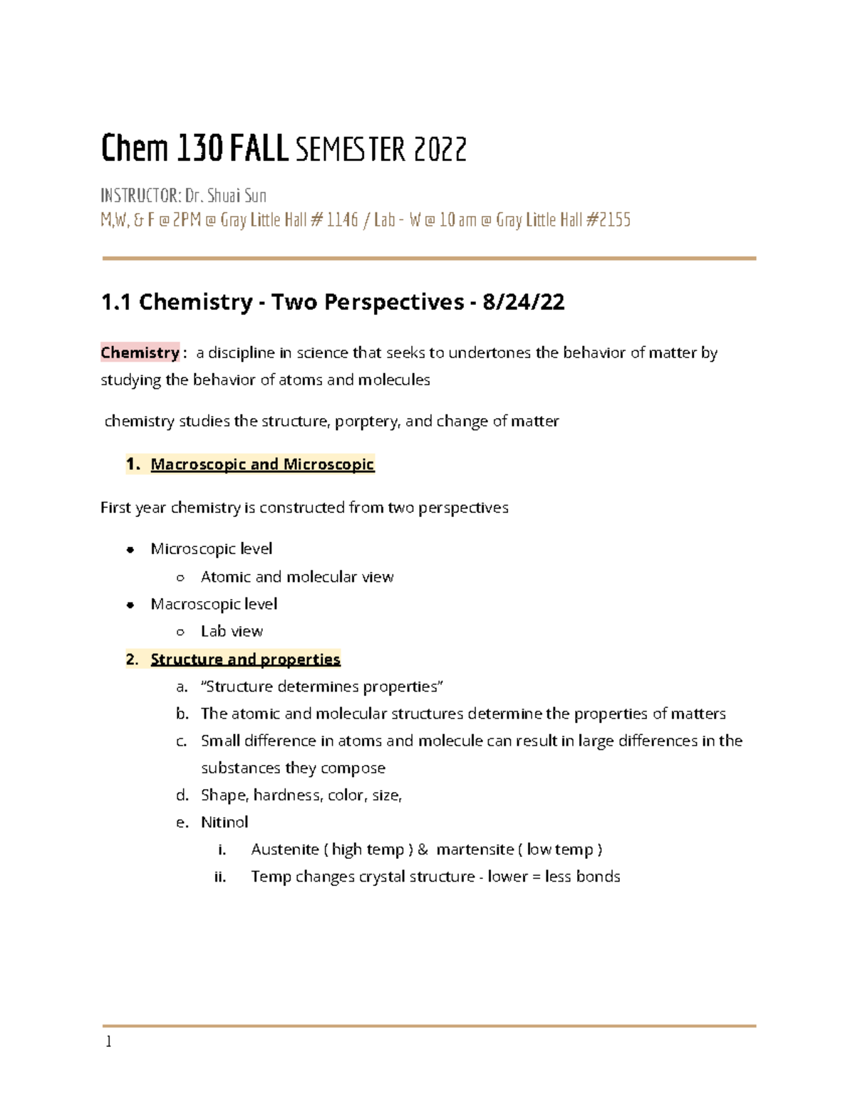 Chem 130 Notes - Chem 130 FALL SEMTER 2022 INSTRUCTOR: Dr. Shuai Sun M ...