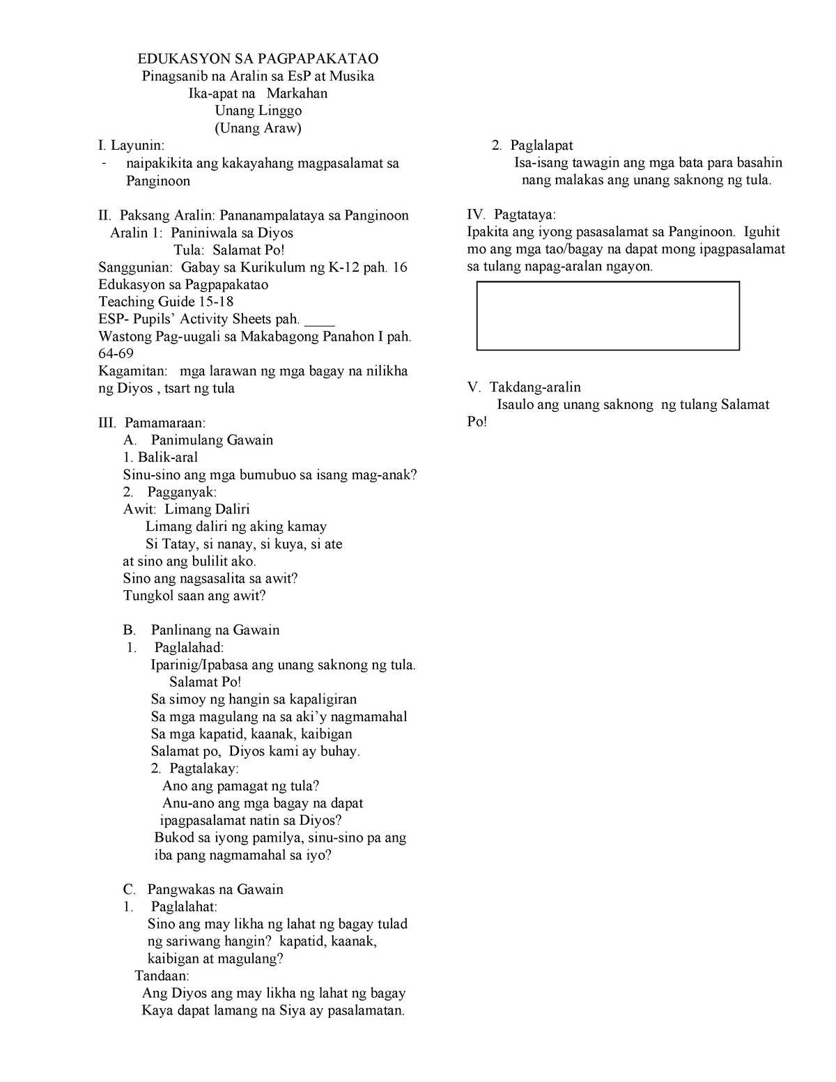 DLP ALL Subjects 1 Q4 W1 - LESSON PLAN - EDUKASYON SA PAGPAPAKATAO ...