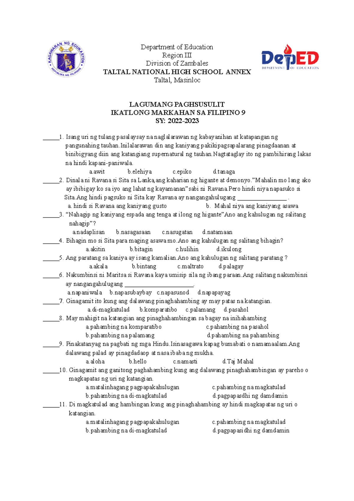 Pagsusulit sa Filipino - Department of Education Region III Division of ...