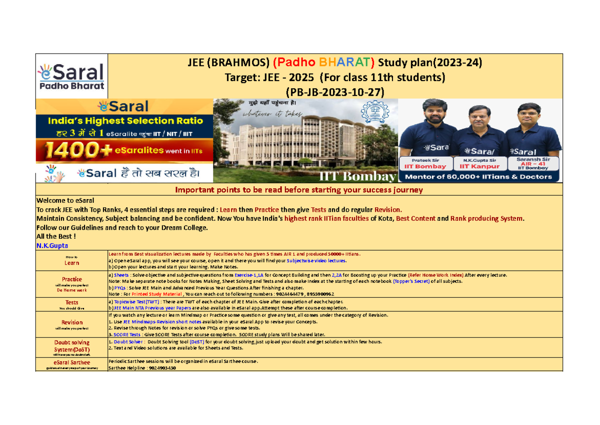 Uploads Padho-india-time-table PI-JB-2023-10-27 - Target: JEE - 2025 ...