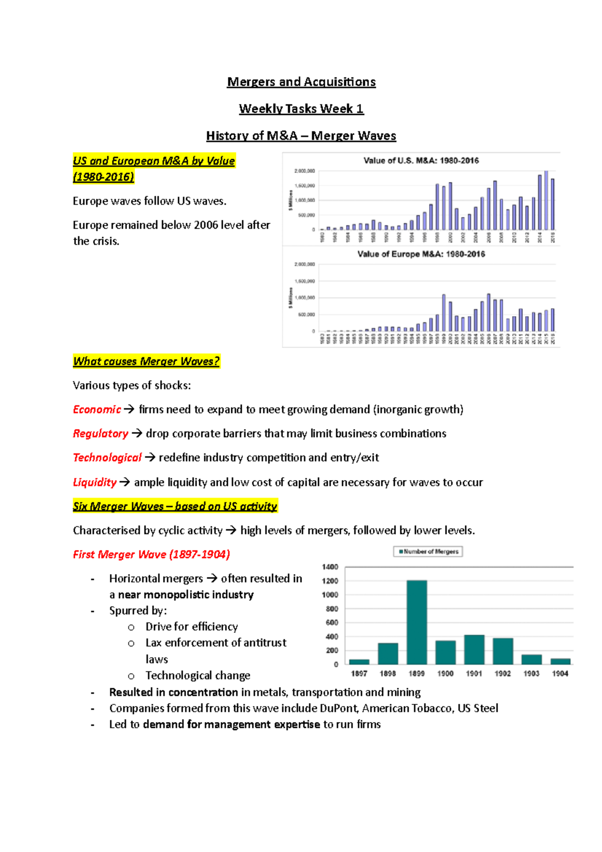 Weekly Tasks Week 1 - Lecture notes 1 - Mergers and Acquisitions Weekly ...