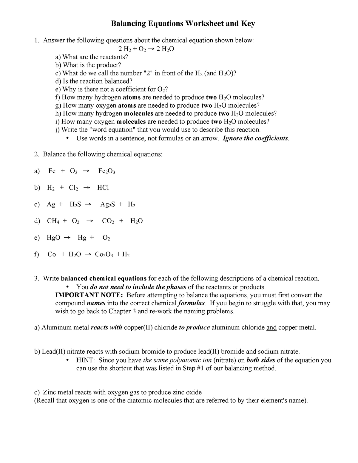 Balancing equations worksheet and key 21 21 21 - Balancing Inside Balancing Equation Worksheet With Answers