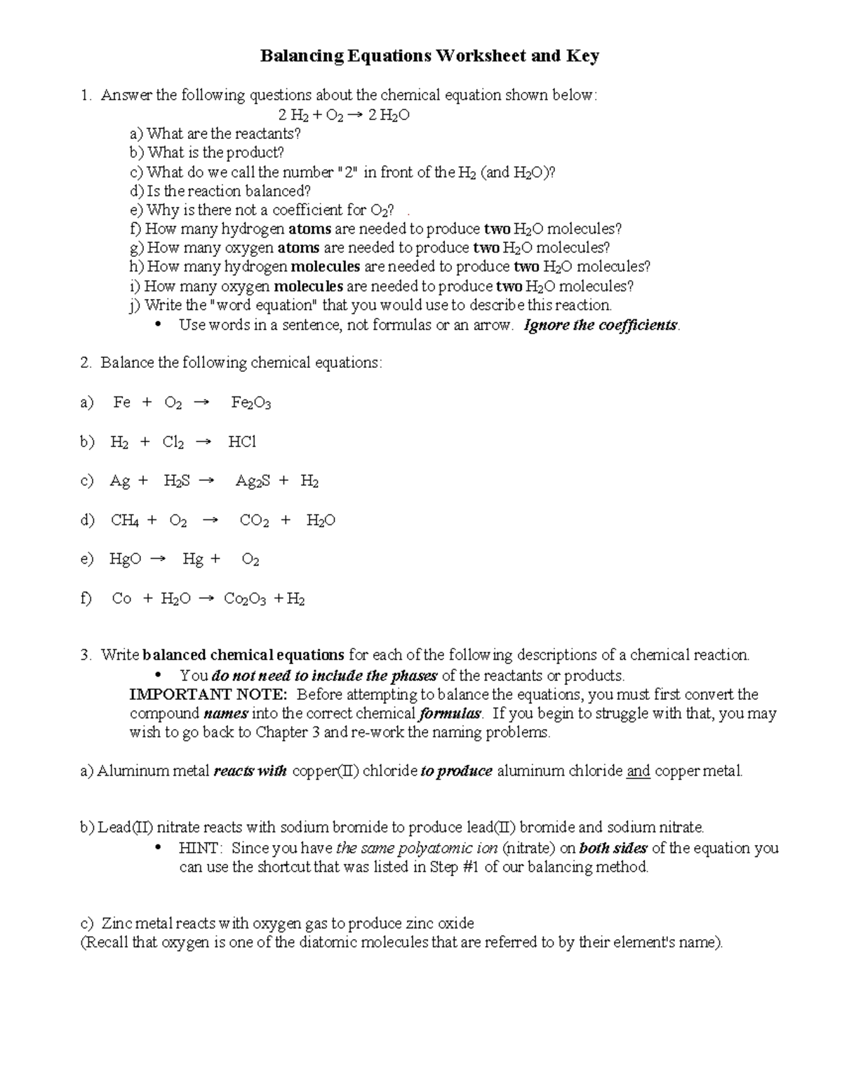 Balancing equations worksheet and key 7 23 09 - Balancing Equations  Worksheet and Key Answer the - Studocu