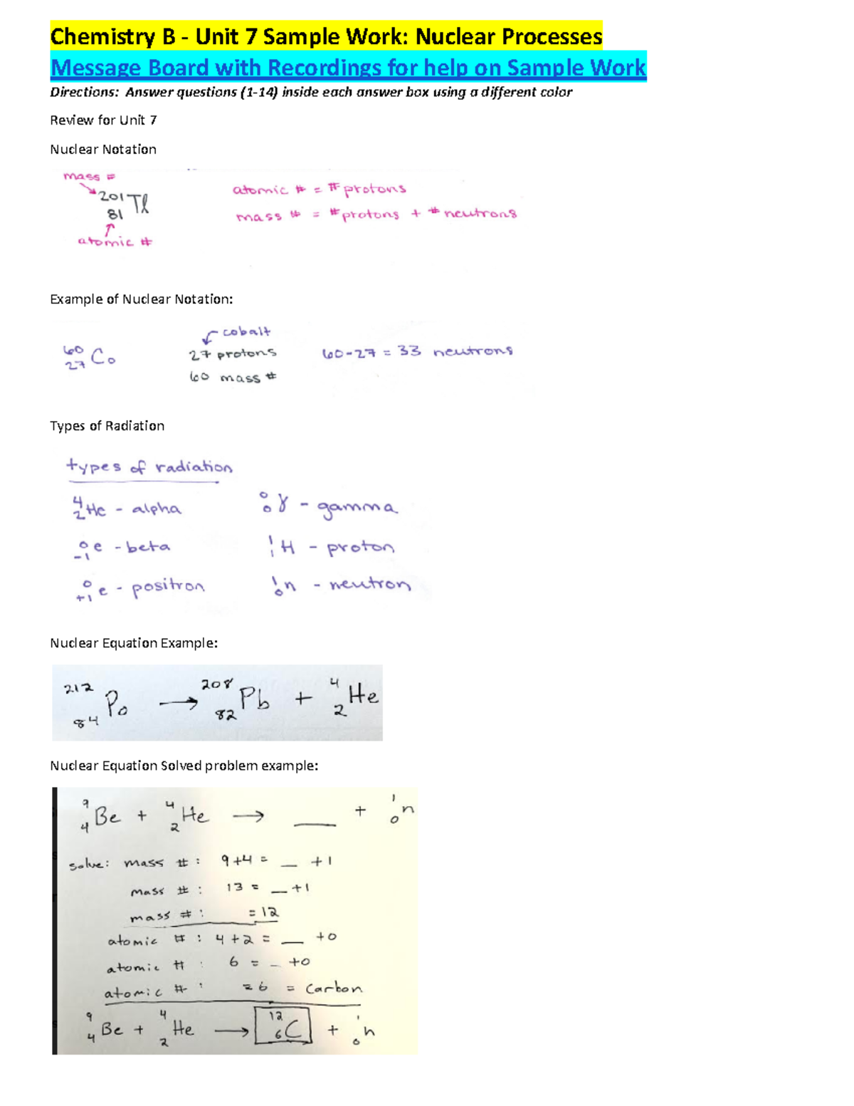 Chemistry 11 Unit 7 Study Guide - Chemistry B - Unit 7 Sample Work ...