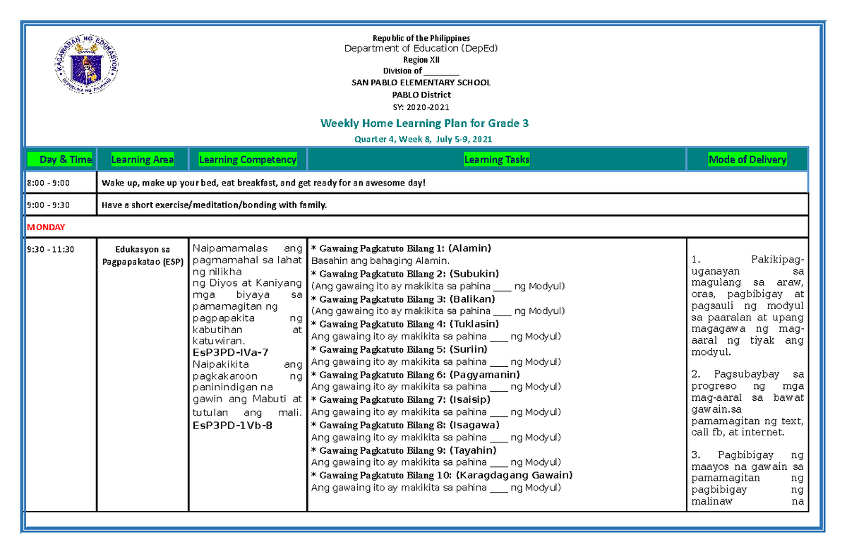 Grade 3 ALL Subjects WHLP Q4 W8 Weekly Home Learning Plan for Grade 3