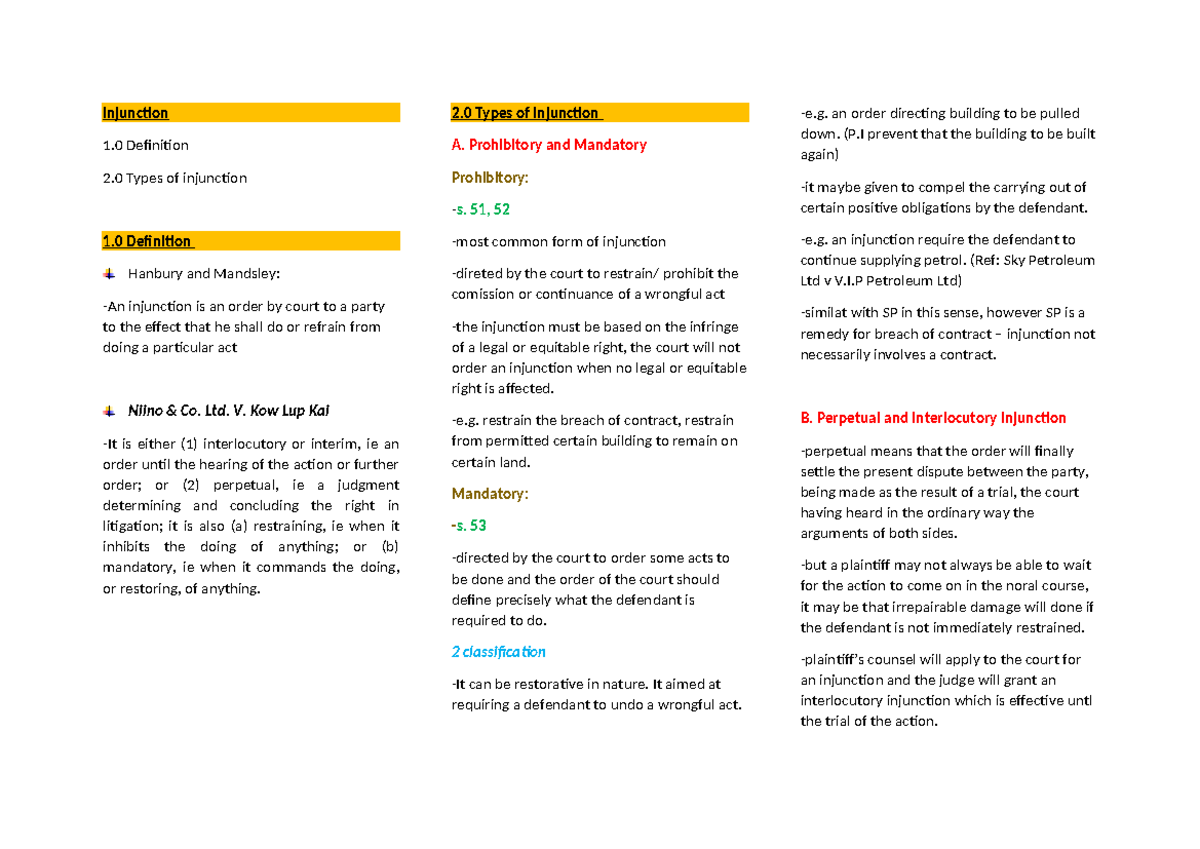 350537988 Equity and Trust 1 Injunction - Injunction 1 Definition 2 ...