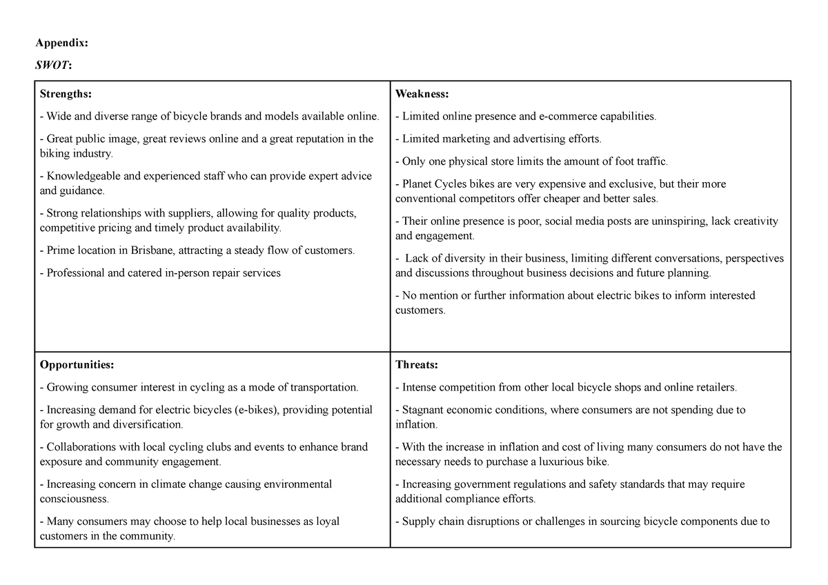 Mktg3506 appendix - Appendix: SWOT: Strengths: Wide and diverse range ...