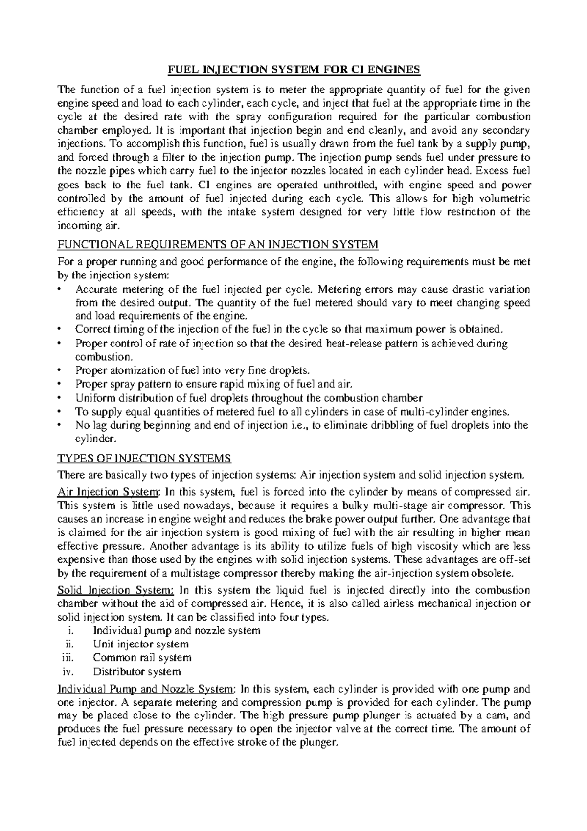 Fuel injection - Lecture notes 1 - FUEL INJECTION SYSTEM FOR CI ENGINES ...