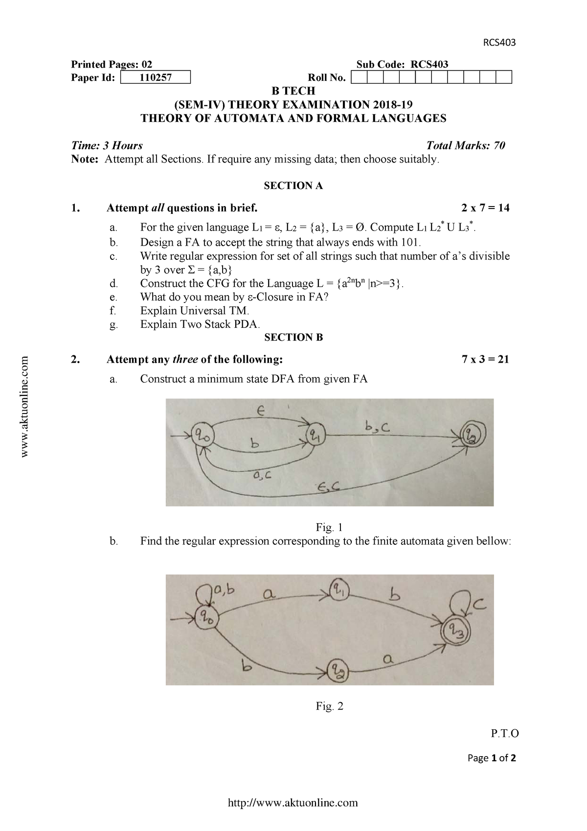 Btech Cs 4 Sem Theory Of Automata And Formal Languages Rcs403 2019 ...