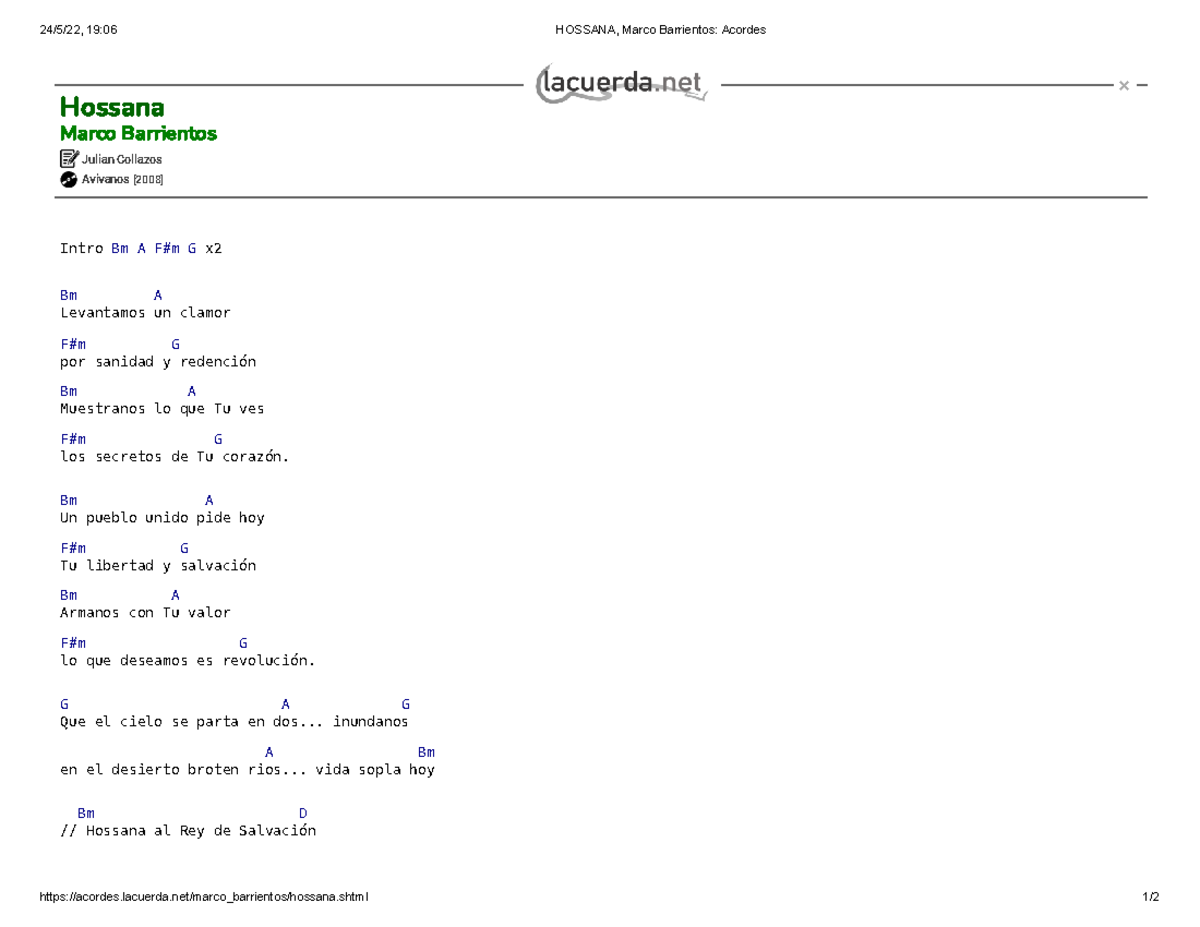 Hossana, Marco Barrientos Acordes - 24/5/22, 19:06 HOSSANA, Marco ...