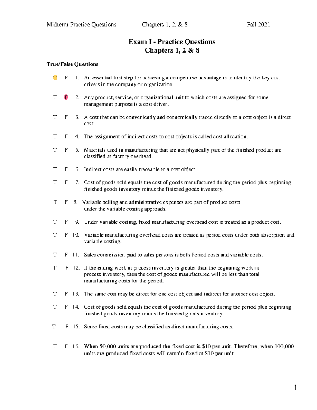 Chapter 1, 2,8 Midterm Practice Questions Fall 2021 Oct 12 - Commerce ...