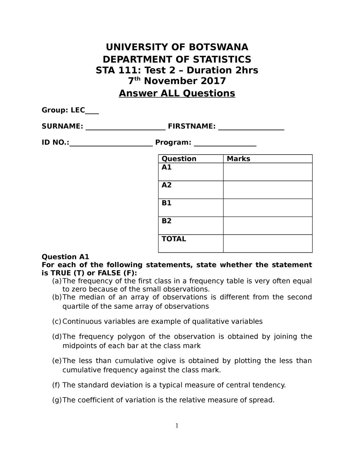 STA111 TEST 2 -2017 - Elementary Statistics - UNIVERSITY OF BOTSWANA ...