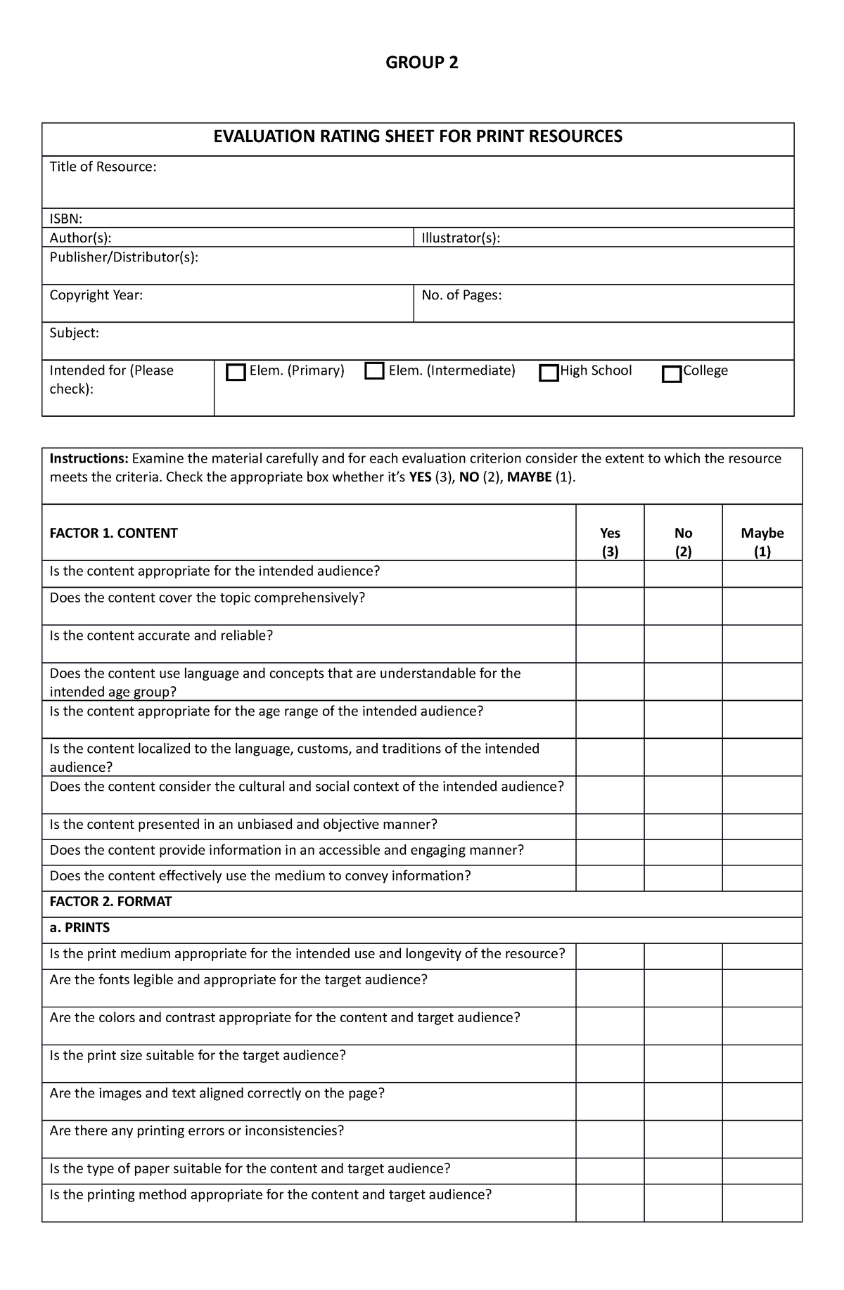 Evaluation Tool for Prints - GROUP 2 EVALUATION RATING SHEET FOR PRINT ...