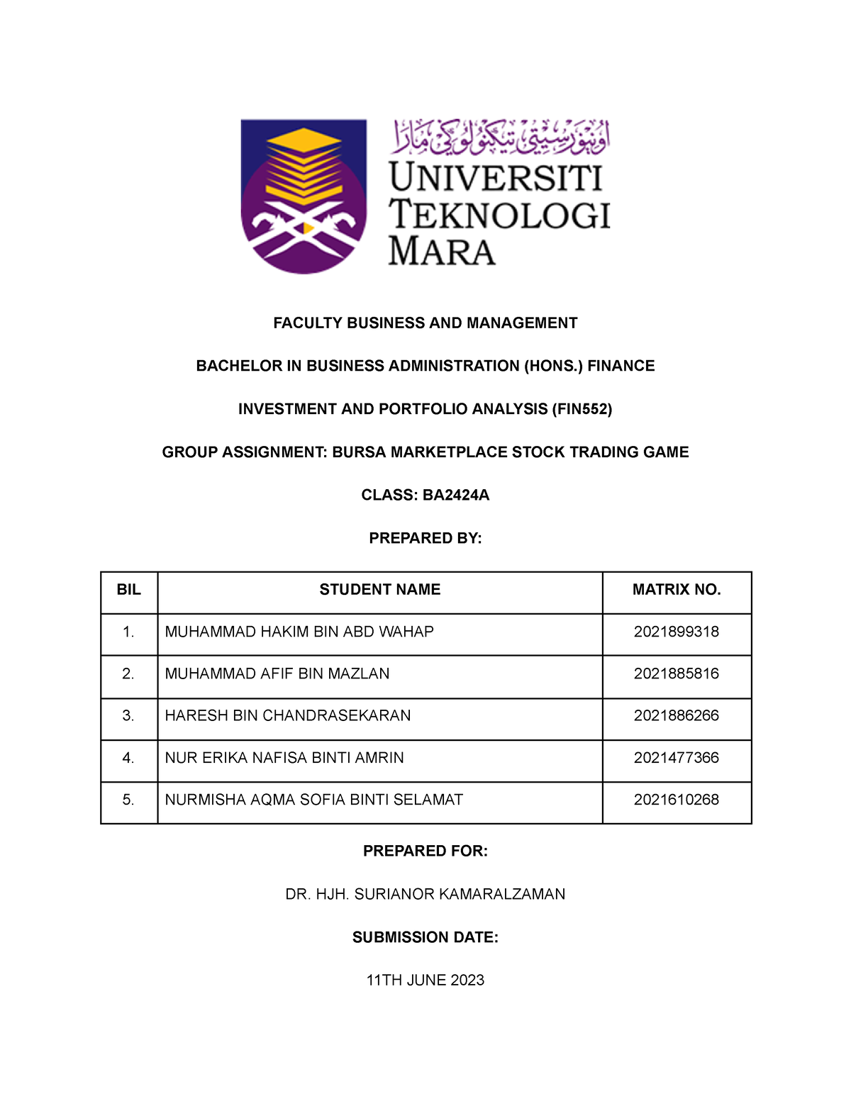 group assignment fin552