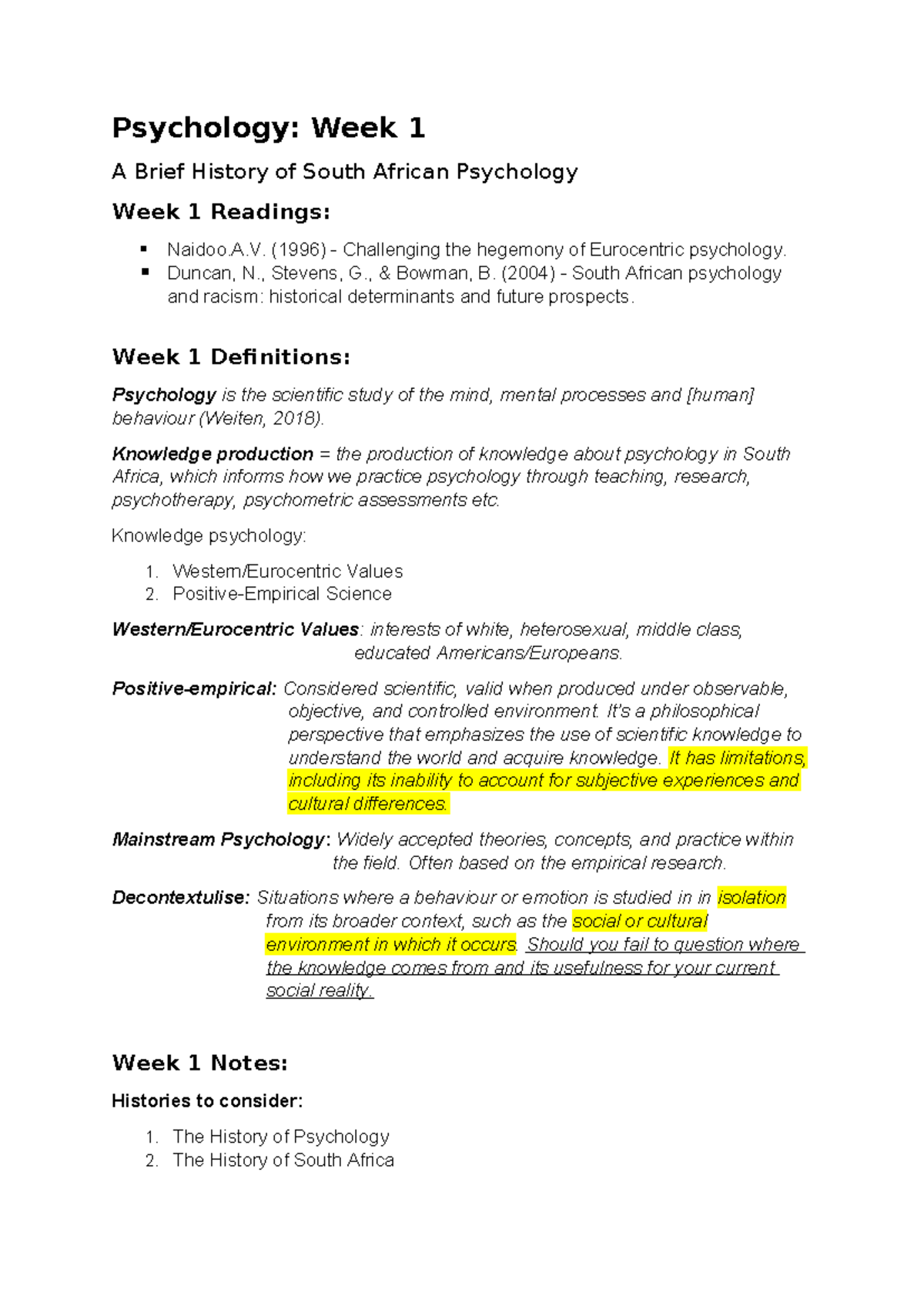 Psych Week 1 Notes copy - Psychology: Week 1 A Brief History of South ...