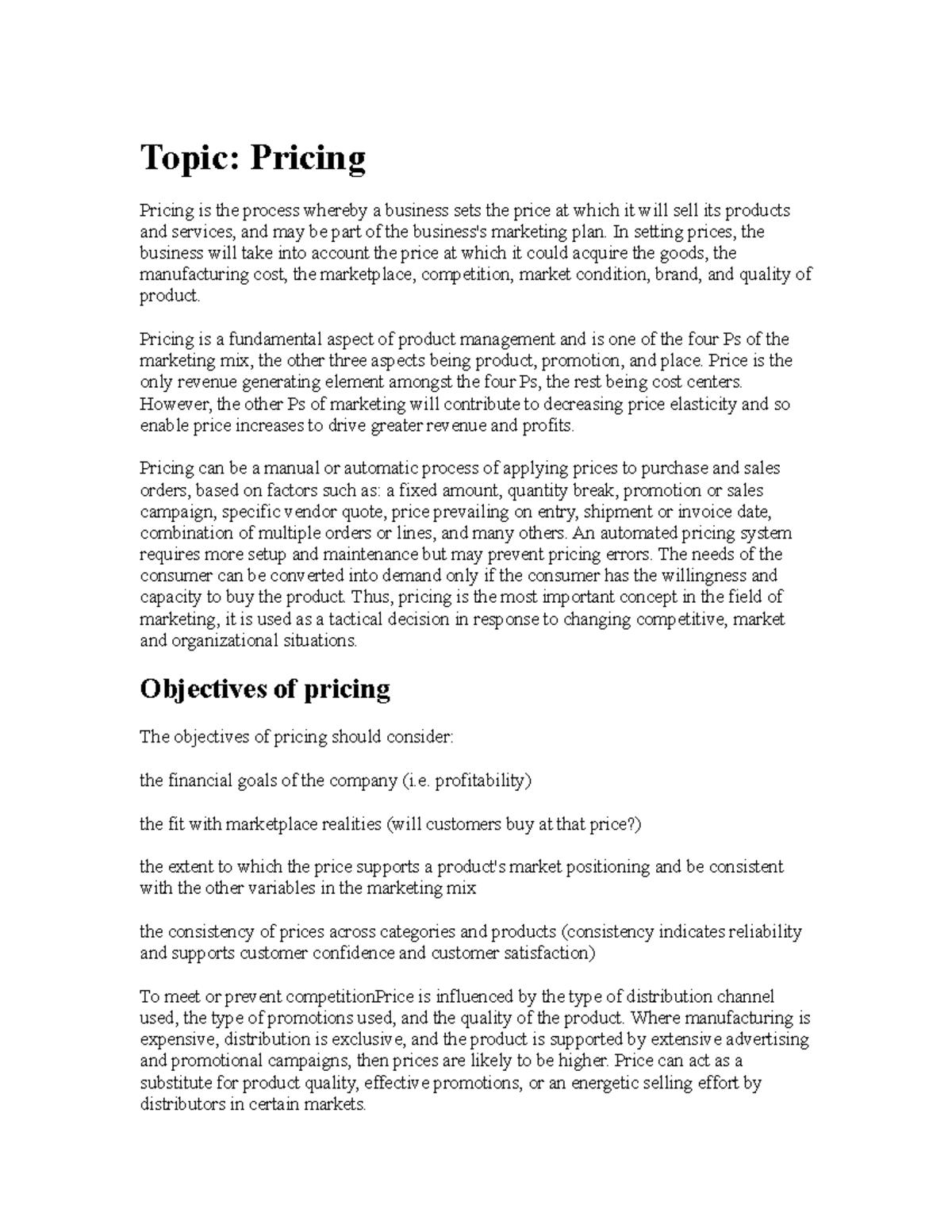 essay on pricing strategies