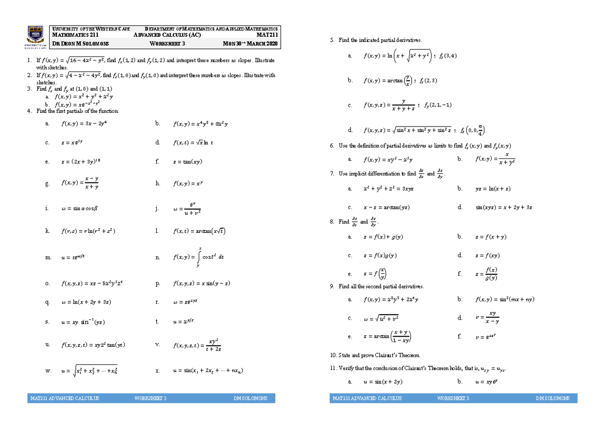 MAT211 Advanced Calculus Worksheet 3 Mon 30 March 2020 - MAT211 ...