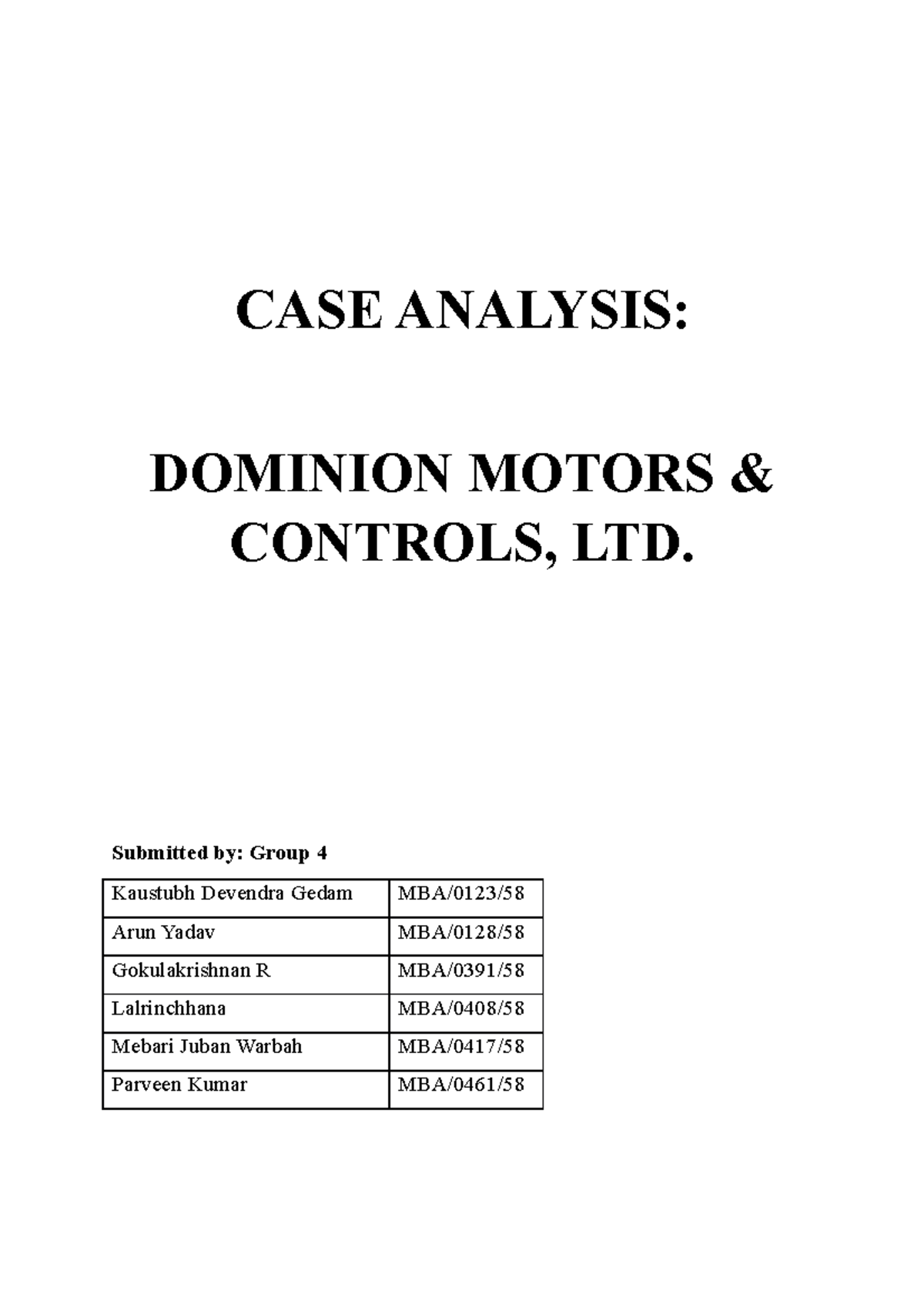 Case Analysis Dominion Motors and Controls Ltd Group 4 CASE ANALYSIS