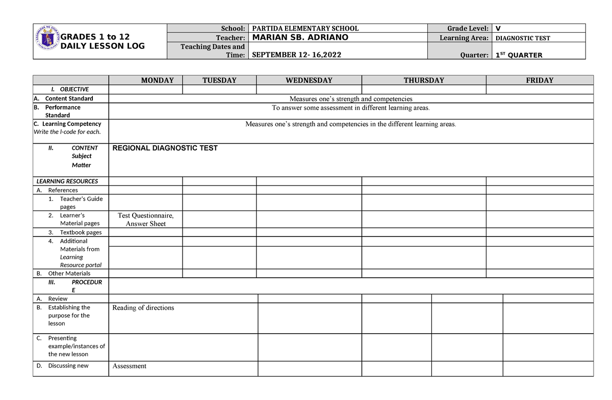 Diagnostic- Science - n/a - GRADES 1 to 12 DAILY LESSON LOG School ...