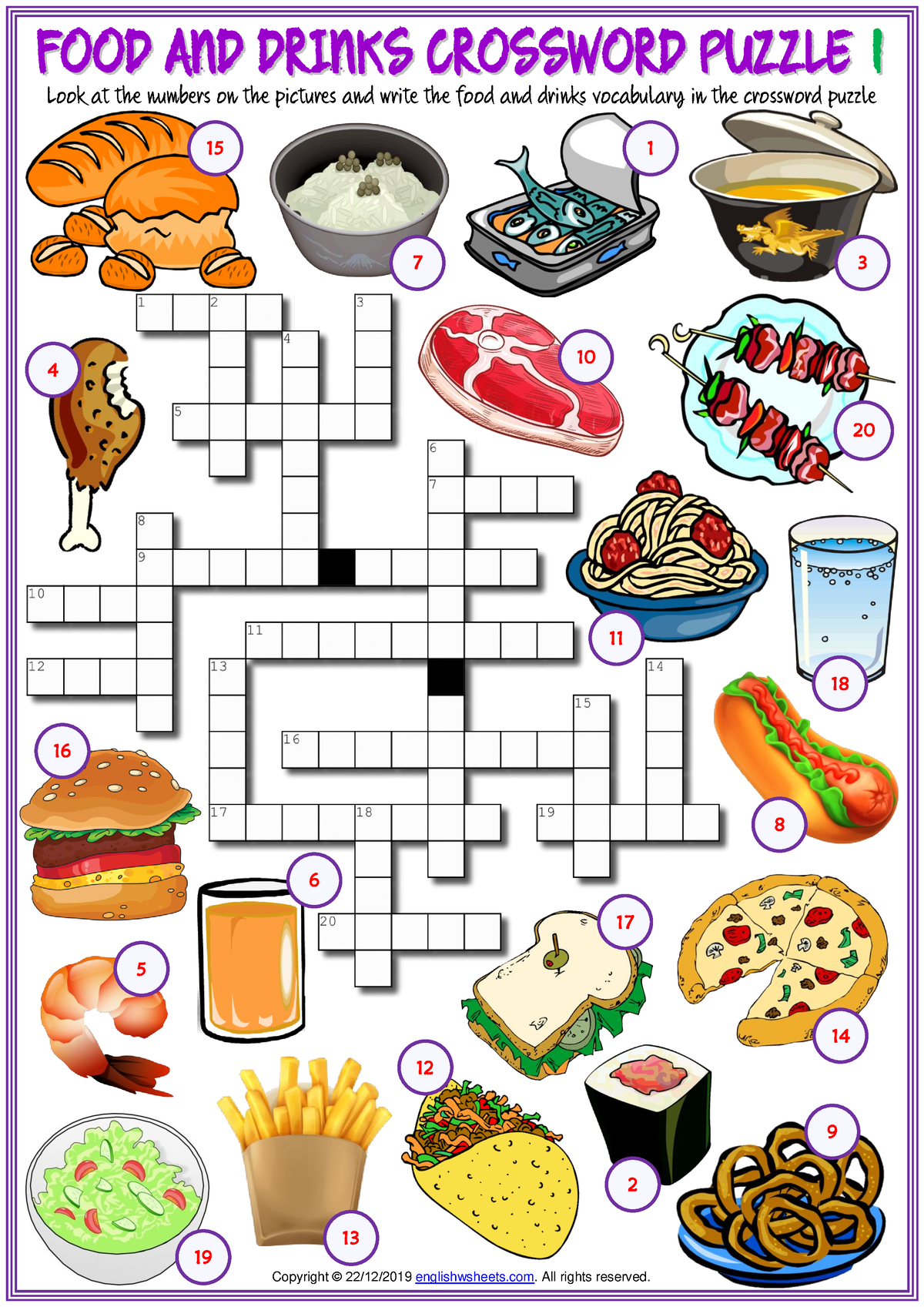 Food and drinks vocabulary esl crossword puzzle worksheets for kids ...