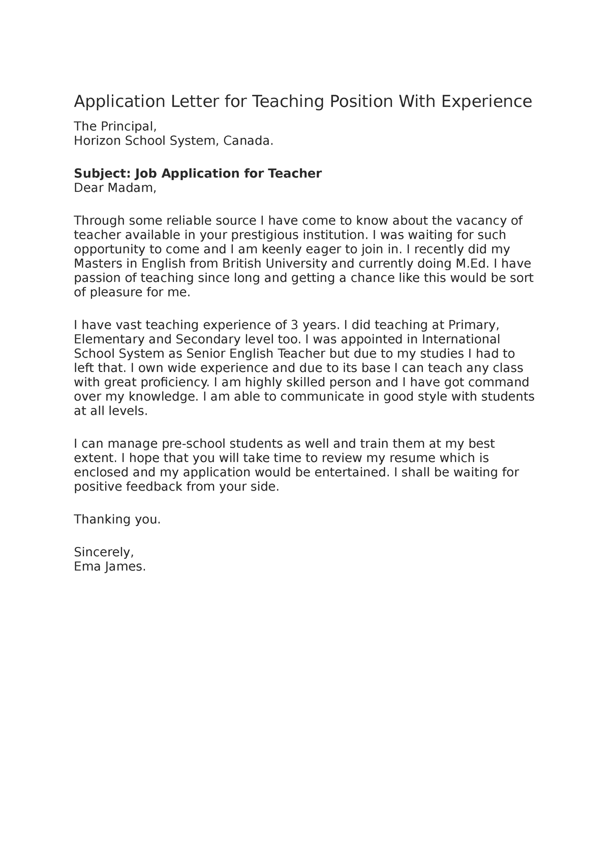 sample of application letter for non teaching staff