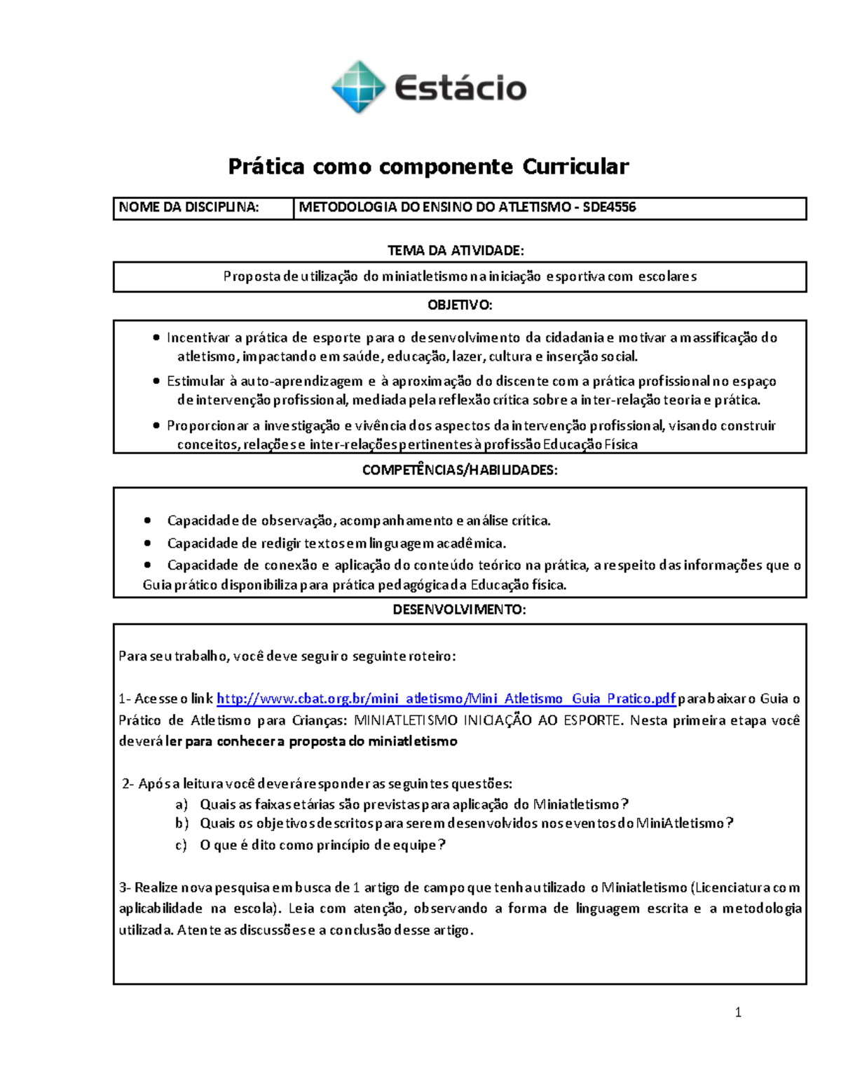 Pcc atletismo - Prática como componente Curricular 1 NOME DA DISCIPLINA ...