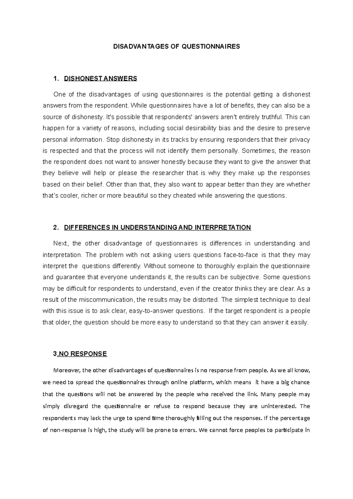 Disadvantages OF Questionnaires - DISADVANTAGES OF QUESTIONNAIRES 1 ...
