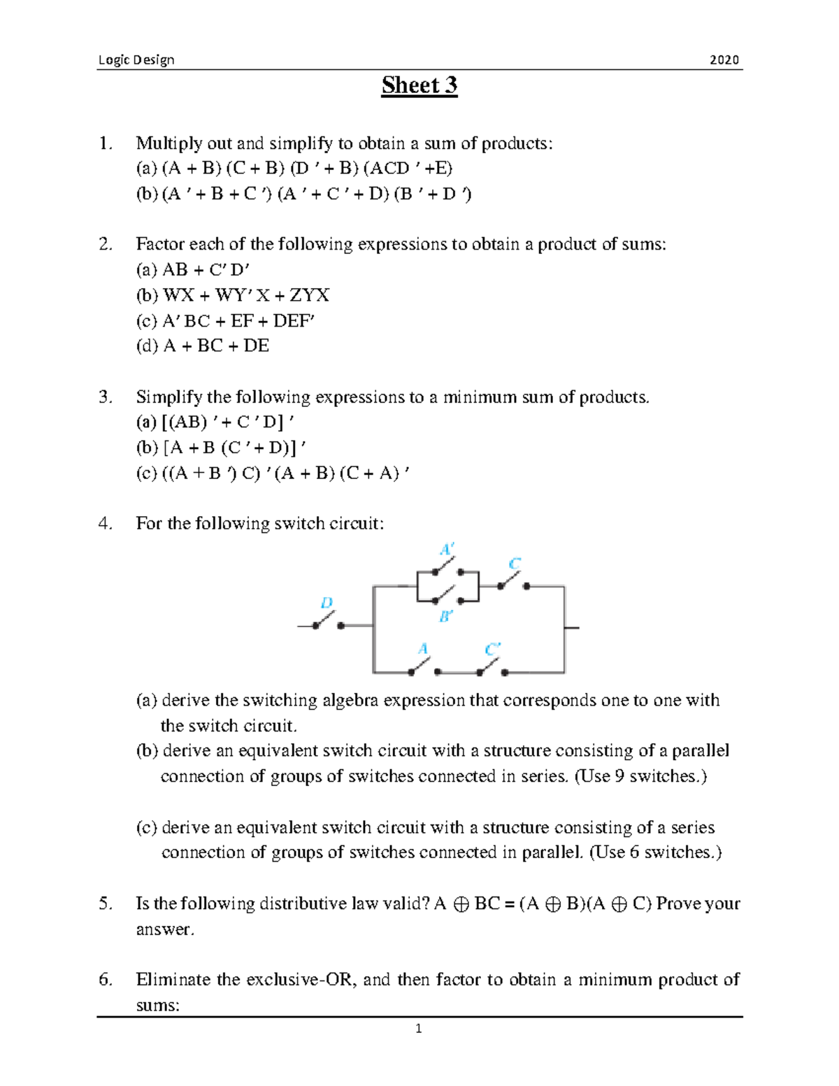 Sheet 3 Logic Design - ... - Logic Design 2020 1 Sheet 3 Multiply out ...