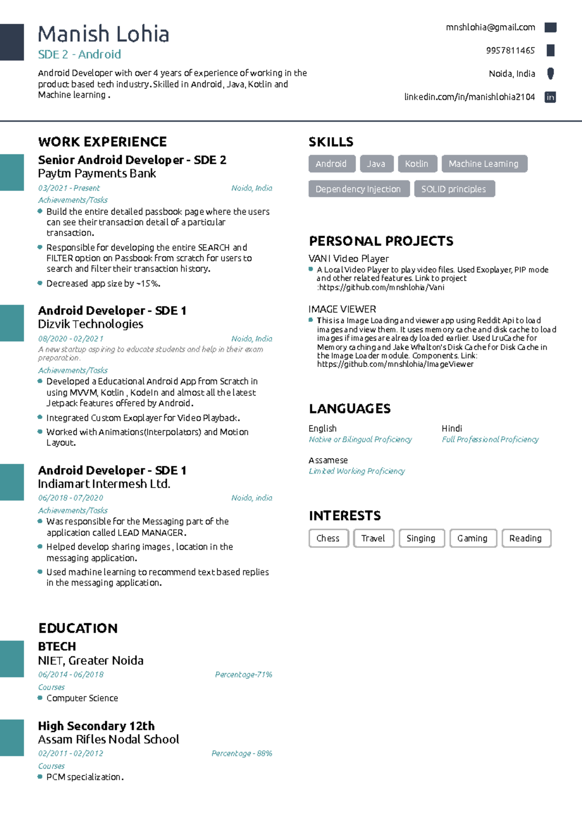 Manish's Resume - Manish Lohia SDE 2 - Android Android Developer with ...