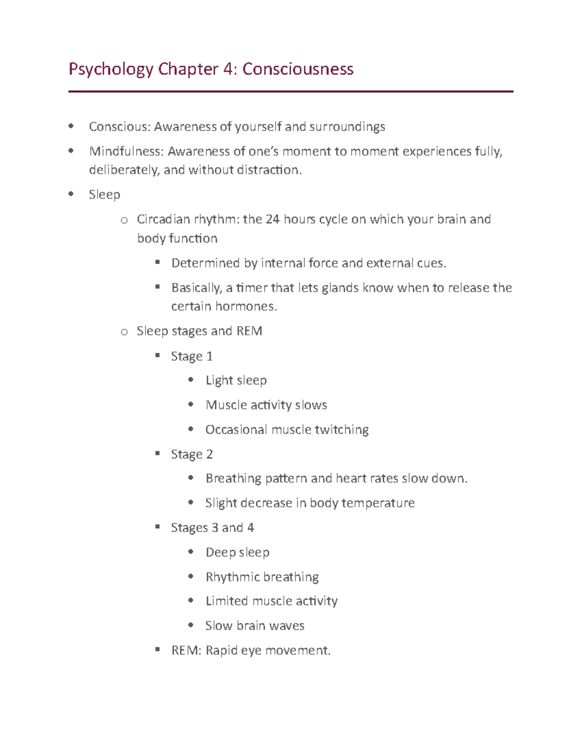 Psychology Chapter 4 Notes - Psychology Chapter 4: Consciousness ...