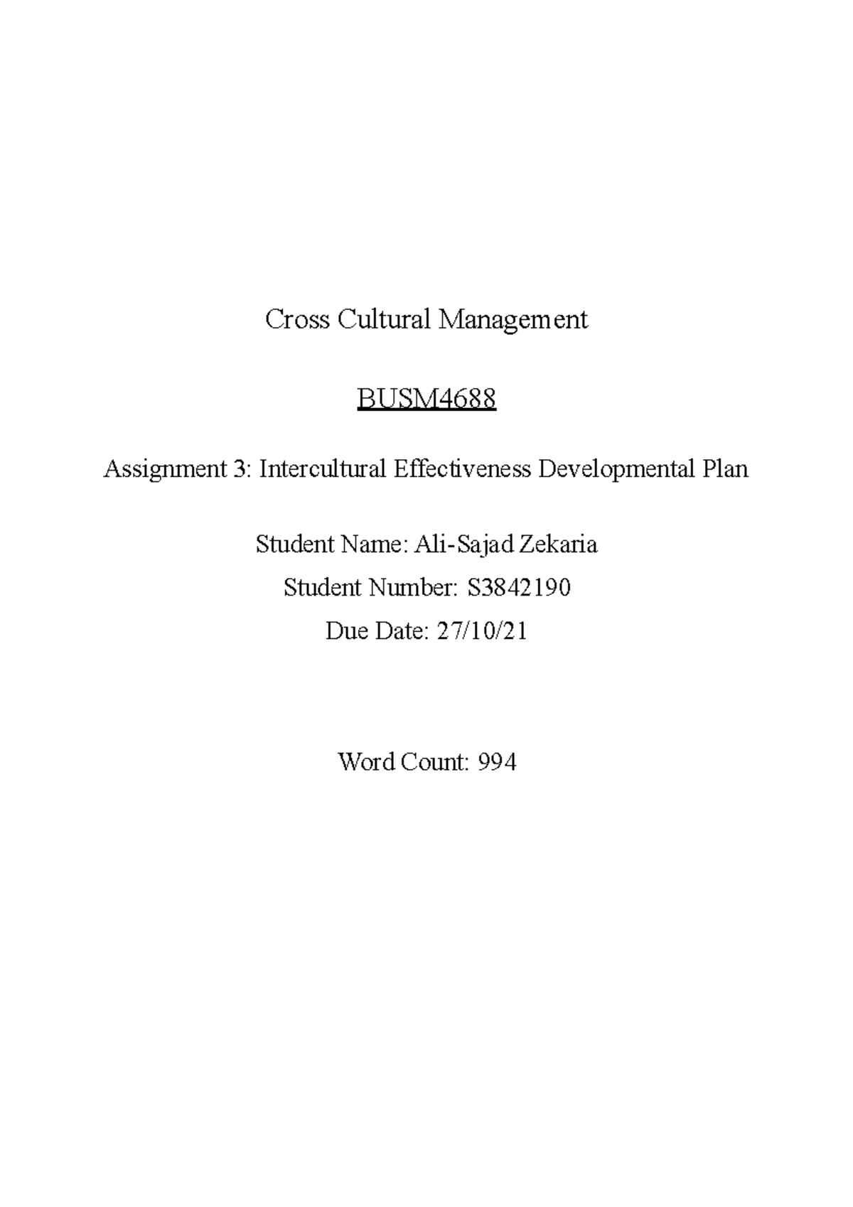 Cross Cultural Management - Cross Cultural Management BUSM Assignment 3 ...