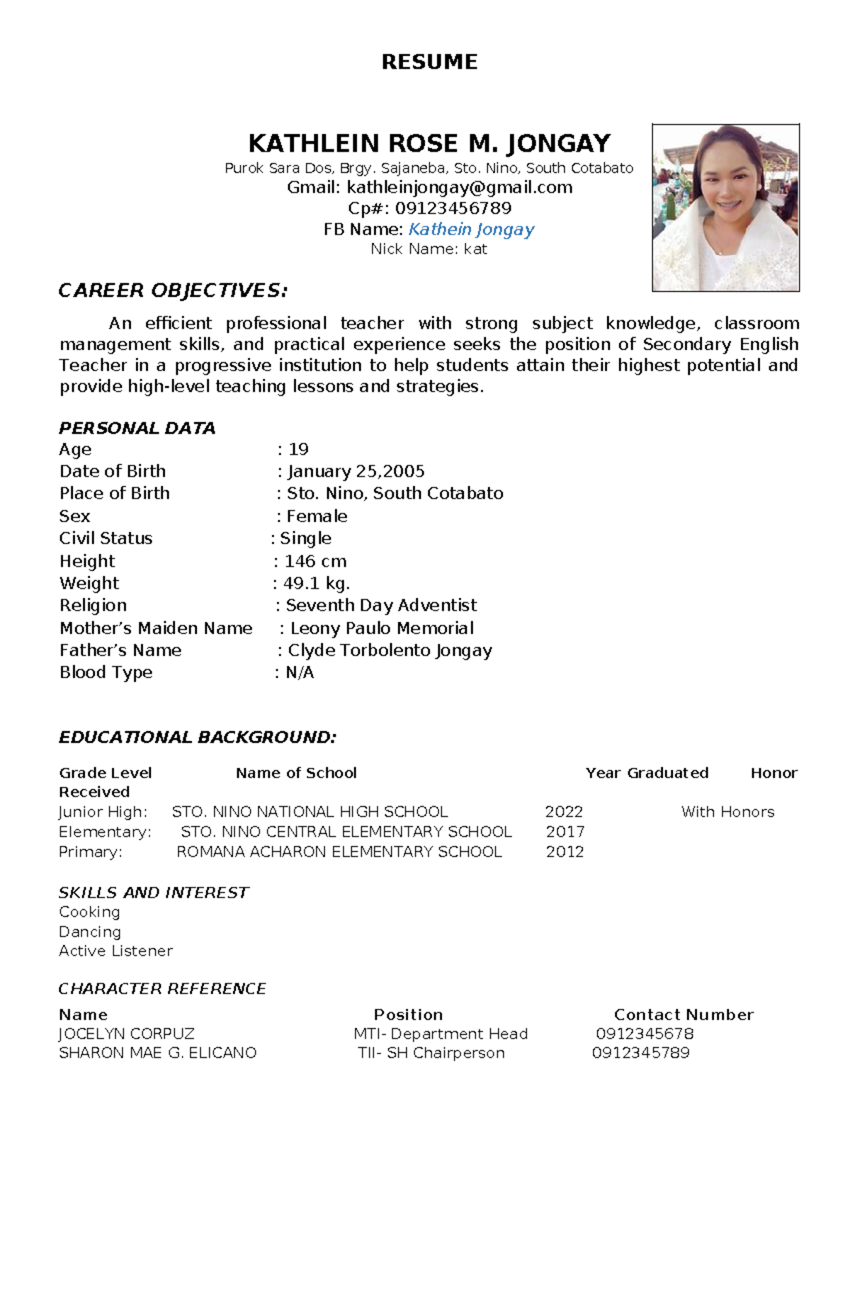 Sample-Resume - Review - RESUME KATHLEIN ROSE M. JONGAY Purok Sara Dos ...