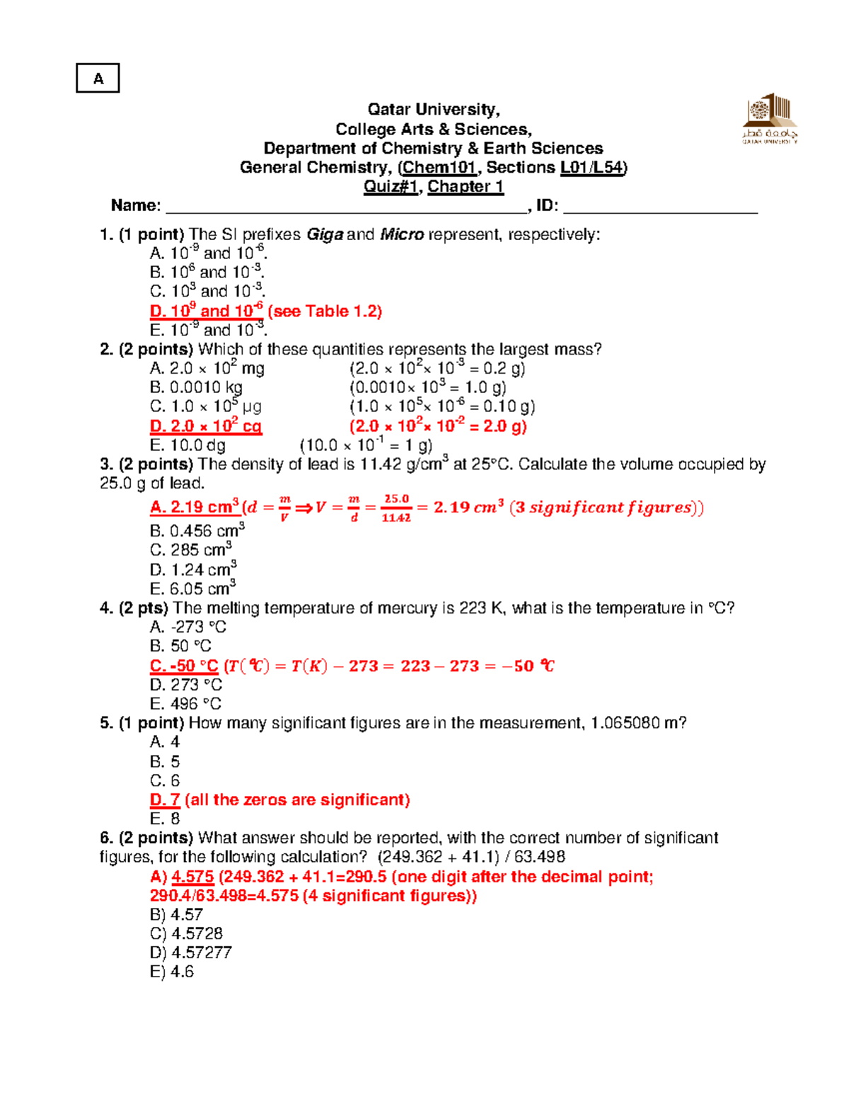 Quiz#1 Chapter NBS Spring 2015 Answers - Qatar University, College Arts ...