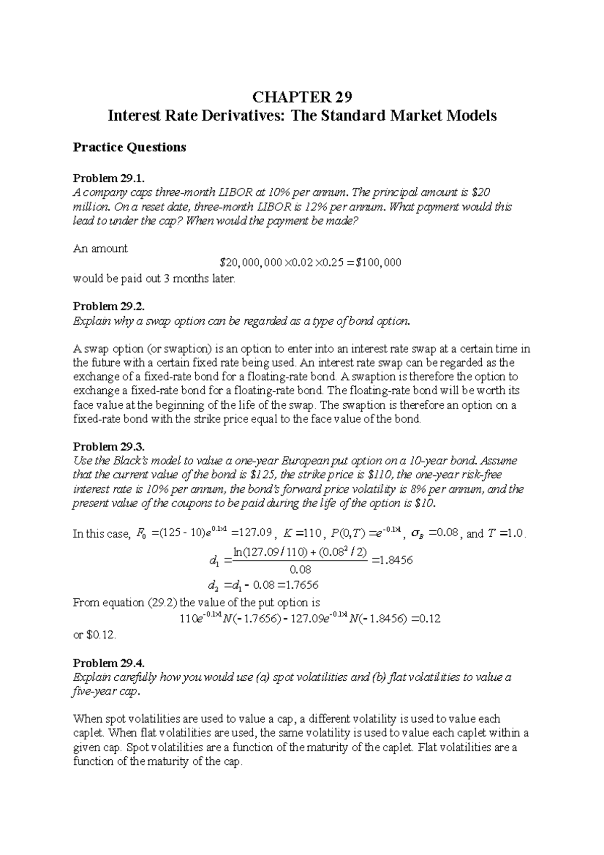 Hull OFOD 9e Solutions Ch 29 - CHAPTER 29 Interest Rate Derivatives ...