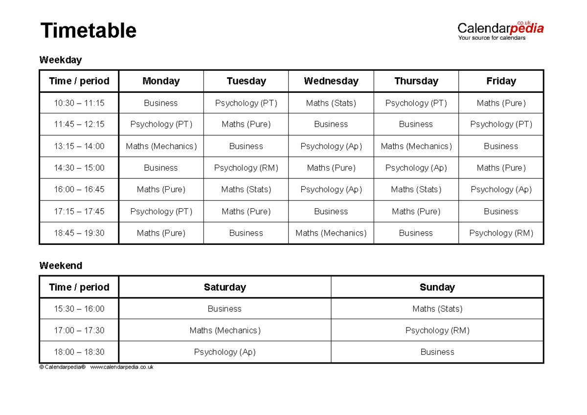 Timetable monday to friday - Timetable Weekday Time / period Monday ...