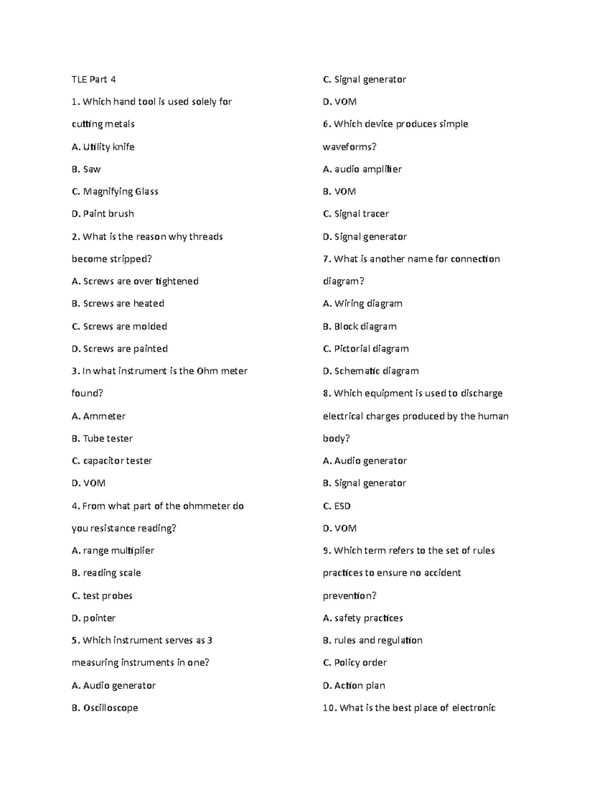 TLE Part 4 TLE ACTIVITY TLE Part 4 Which hand tool is used solely