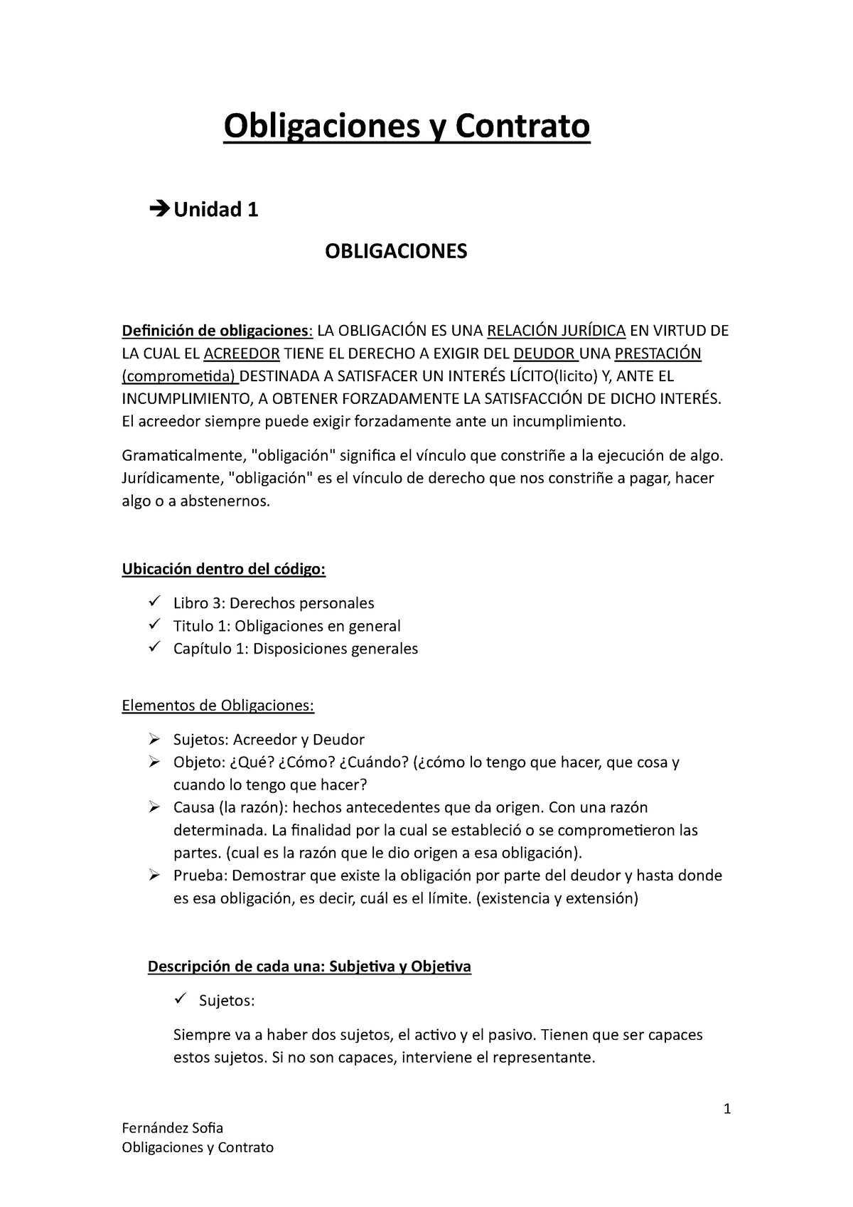 1er Parcial Obligaciones Y Contrato - 1 Fernández Sofia Obligaciones Y ...