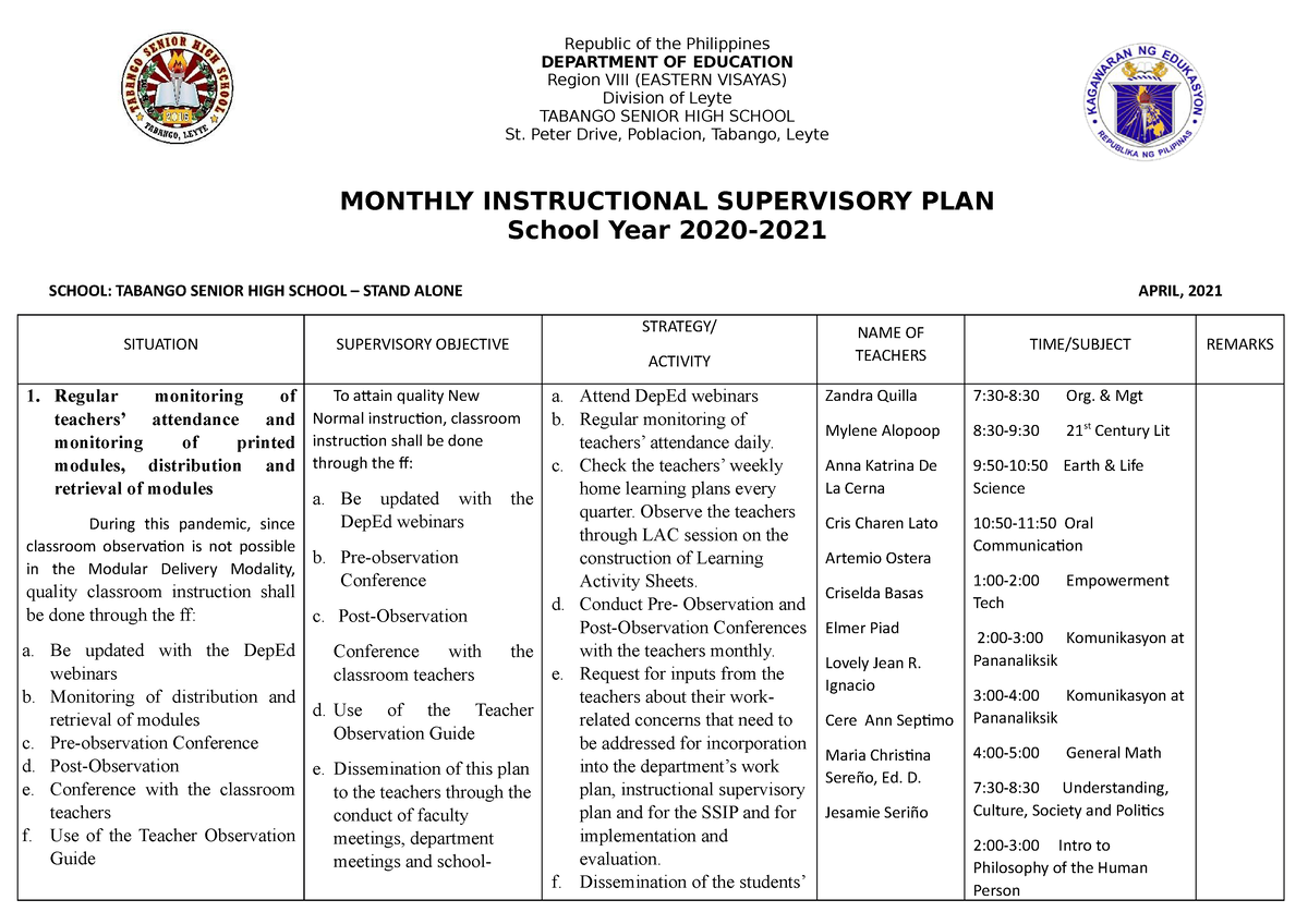 517481303 April Instructional Supervisory Plan 2020 21 Republic Of 