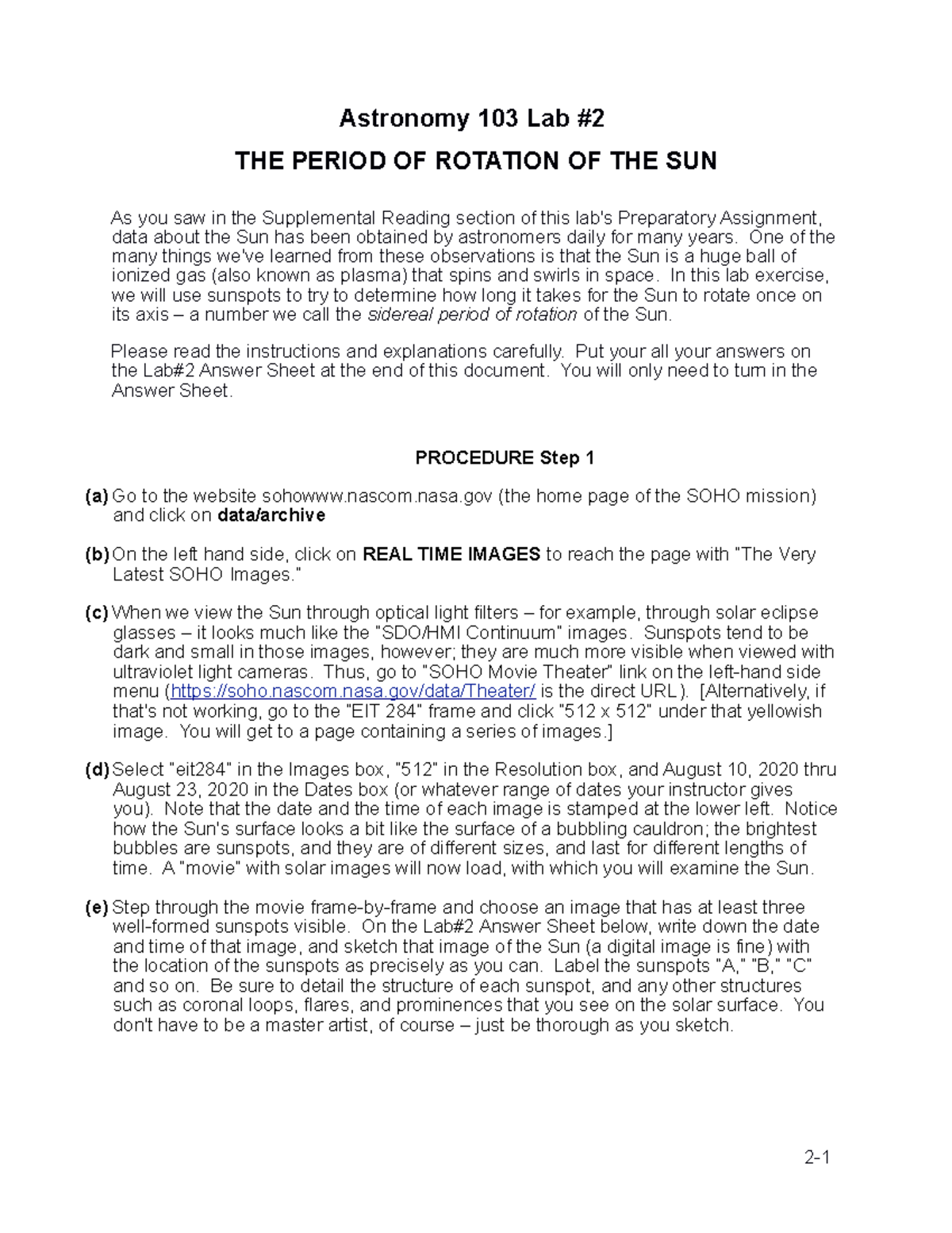 AST 103 Lab#2 - Period Of Rotation Of The Sun - Astronomy 103 Lab THE ...