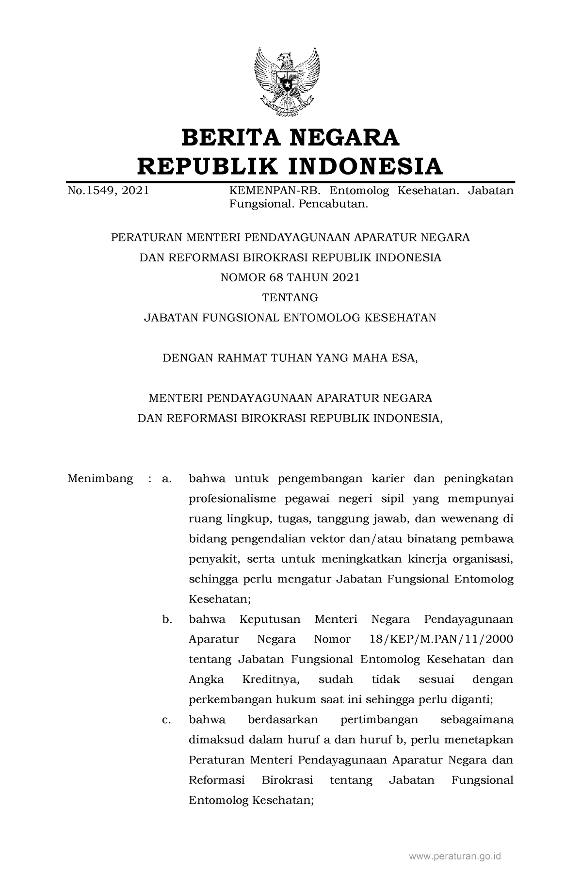 Permen Panrb No. 68 Tahun 2021 - BERITA NEGARA REPUBLIK INDONESIA No ...