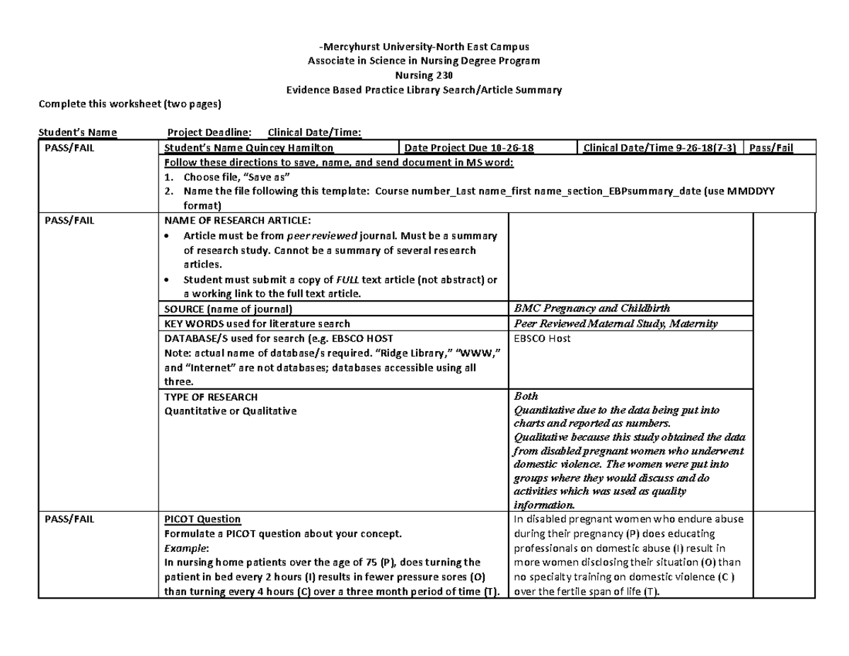 Evidenced Based Practice Form for Documentation-1 - East Campus ...