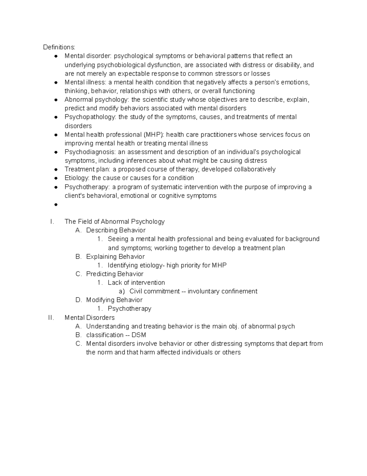 Chapter 1 Abnormal Behavior - Definitions: Mental disorder ...