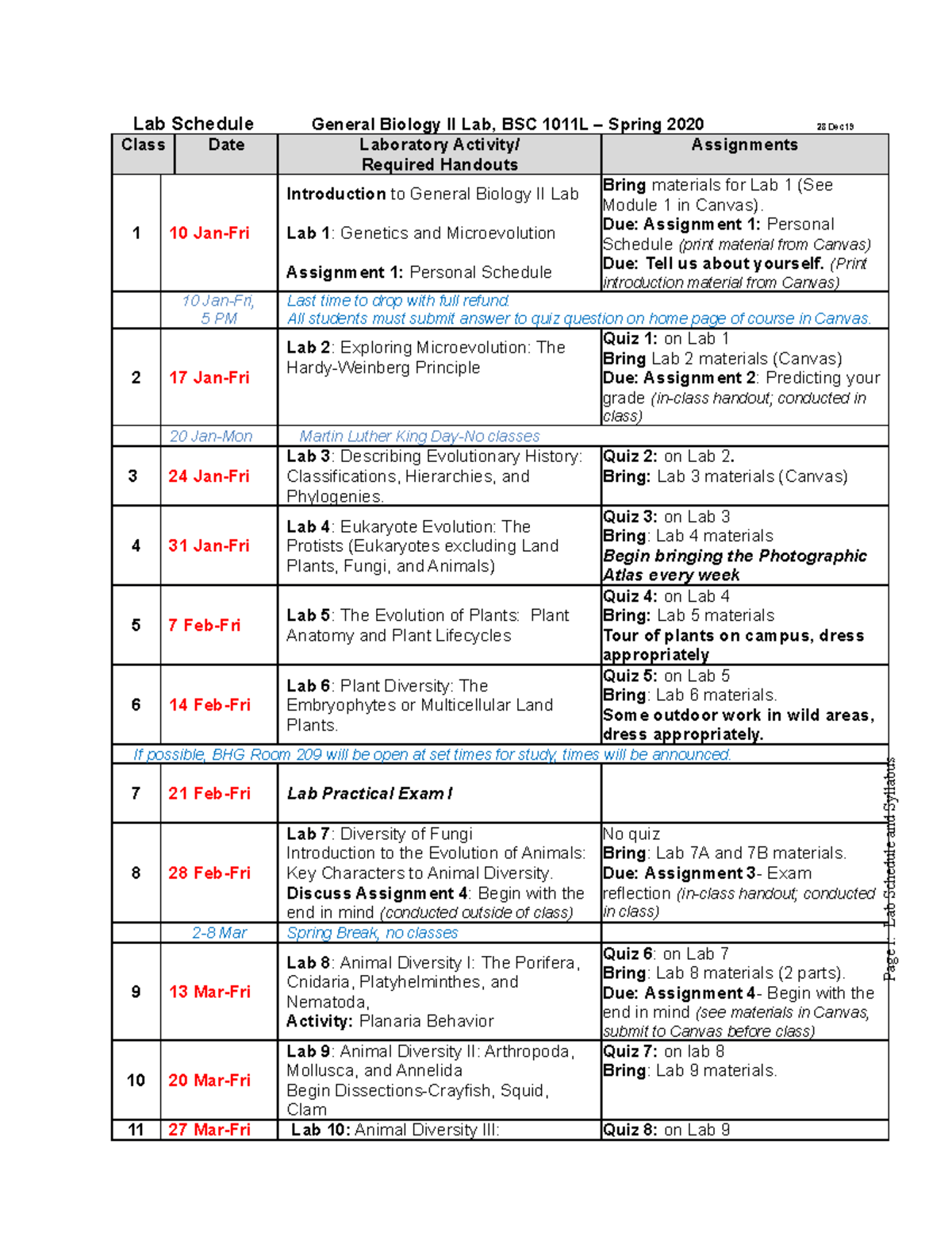 Schedule FOR OKEFNOHO - Lab Schedule General Biology II Lab, BSC 1011L ...