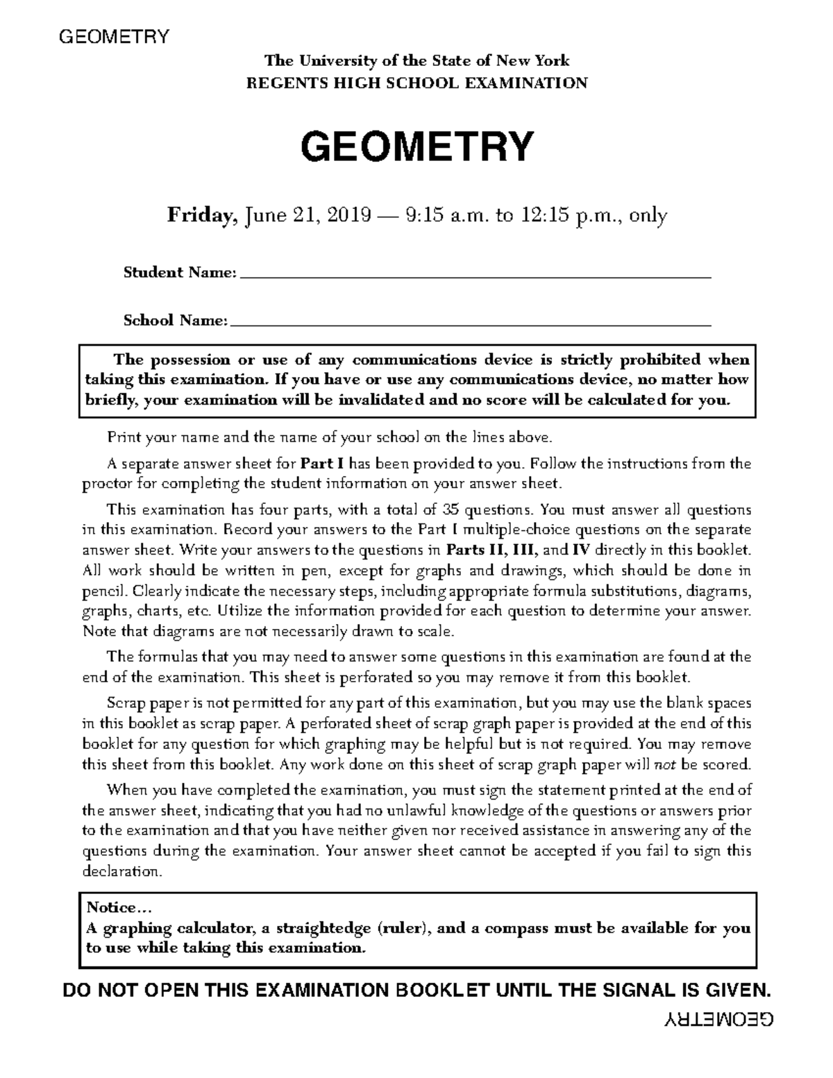 Geometry Regents Exam June 2019 The University of the State of New