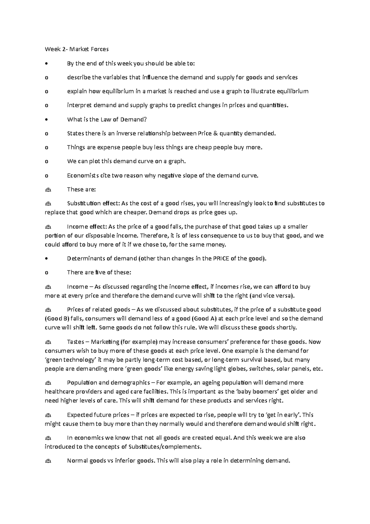 Week 2 Notes and chapter readings summaries - Week 2- Market Forces By ...