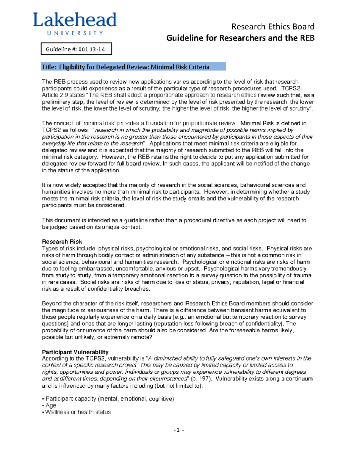 Eligibility for Delegated Review, Minimal Risk Criteria Research