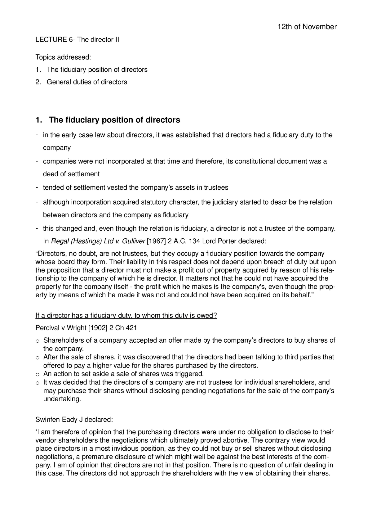 Lecture 6 - Directors 2- Fiduciary Position, Duties- Definitions, Cases ...