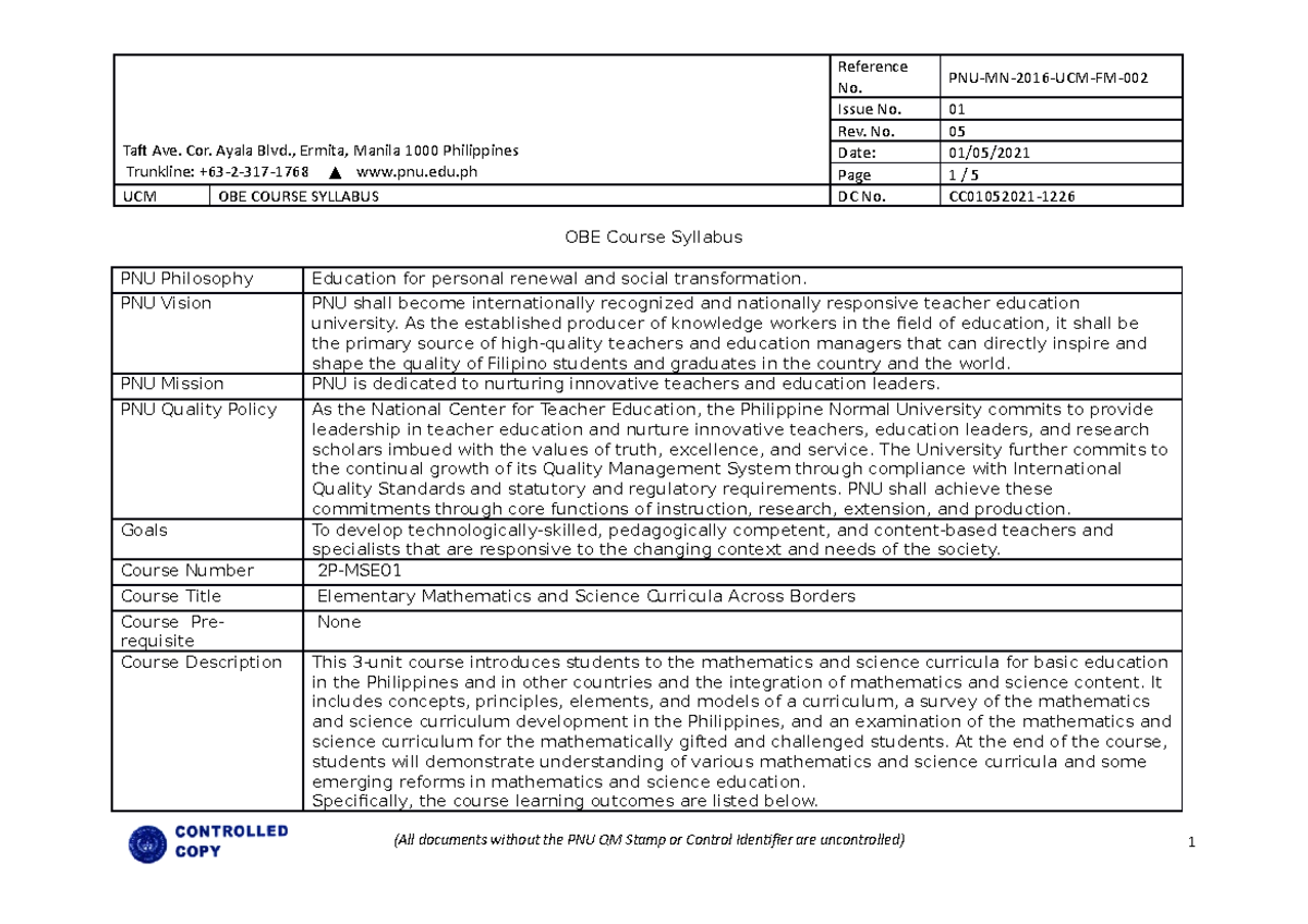 2P MSE01 Elementary Mathematics and Science Curricula Across Borders ...